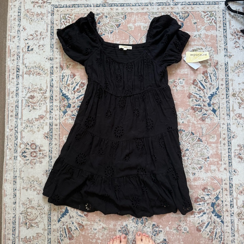 Rewind Black Mini Dress with Eyelet Details